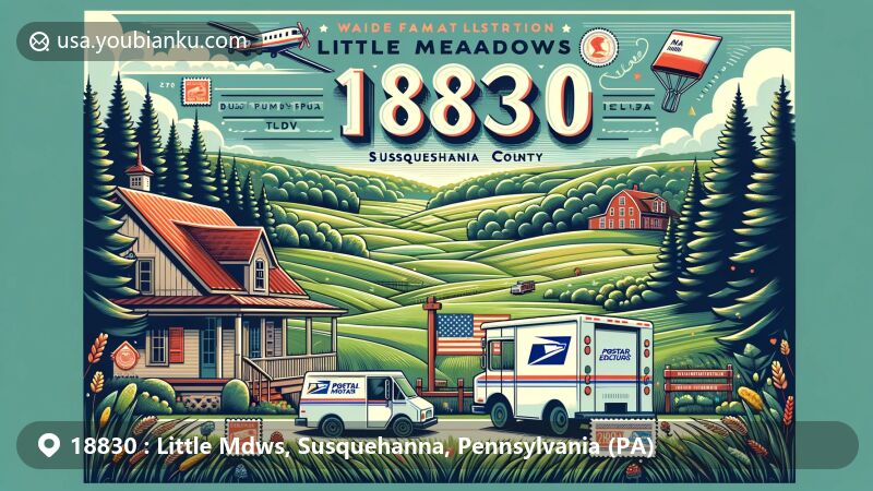 Modern illustration of Little Meadows, Susquehanna County, Pennsylvania, showcasing countryside scenery with green meadows, forests, postal theme elements like airmail envelope, stamps, and postal truck, featuring ZIP code 18830 and Pennsylvania state symbols.