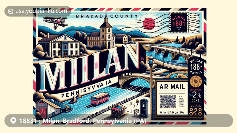 Modern illustration of Milan in Bradford County, Pennsylvania, showcasing ZIP code 18831, featuring U.S. Route 220, Ricketts Glen State Park, and a vintage postal theme with postcard design and symbols.
