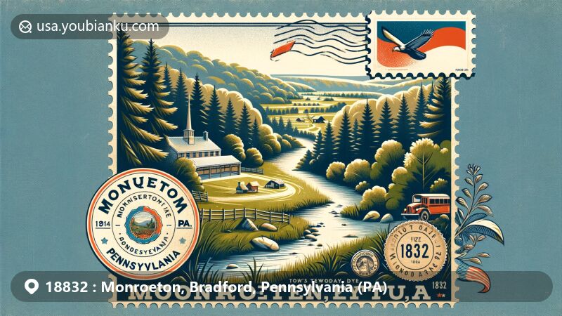 Modern illustration of Monroeton, Pennsylvania, showcasing natural beauty and postal theme with ZIP code 18832, featuring the Susquehanna River, Towanda Creek, hiking, biking, and vintage postal elements.