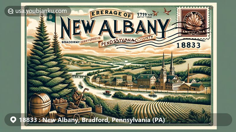 Modern illustration of New Albany, Bradford County, Pennsylvania, resembling a vintage postcard with ZIP code 18833, portraying rural farming landscape and agricultural heritage of Evergreen.