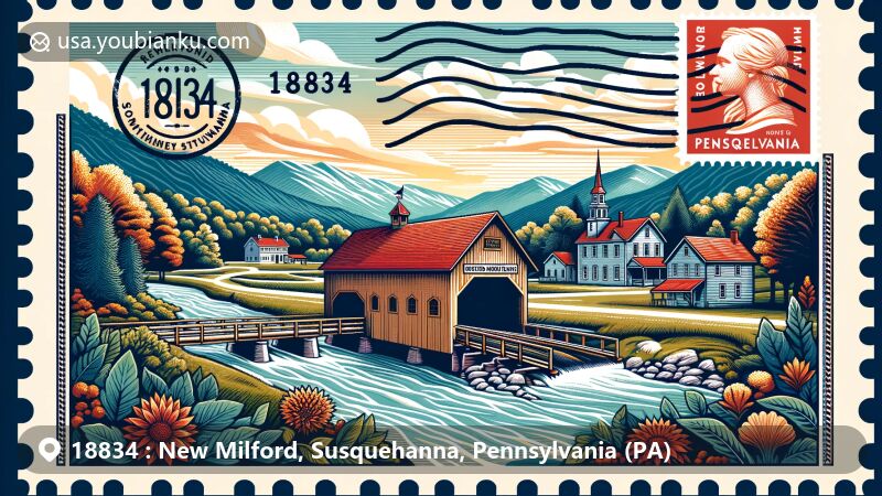 Modern illustration of New Milford, Susquehanna County, Pennsylvania, capturing the beauty of the Endless Mountains, featuring the Old Mill Village Museum, iconic covered bridge, historical buildings, and vintage postal elements.