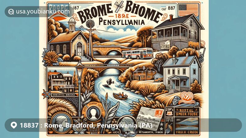 Modern illustration of Rome, Bradford County, Pennsylvania, showcasing unique elements like Wysox Creek valley and the Phillip Paul Bliss House, representing the borough's historical roots and small-town charm.
