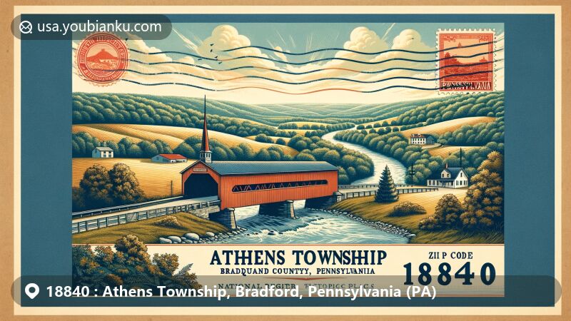 Modern illustration of Athens Township, Bradford County, Pennsylvania, depicting rural beauty with Susquehanna and Chemung rivers, Knapps Covered Bridge, and Tioga Point Museum.