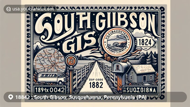 Modern illustration of South Gibson area, Susquehanna County, Pennsylvania, displaying postal theme with ZIP code 18842, featuring geographic outline of Gibson Township and local natural elements.