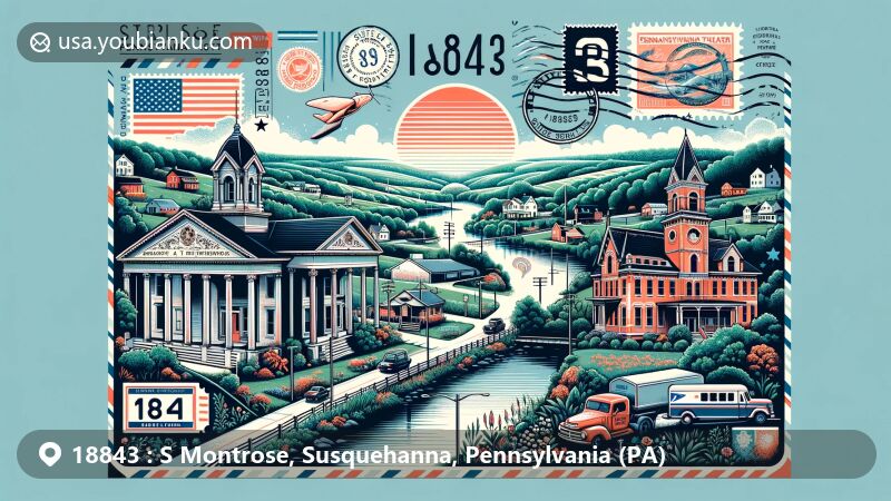 Modern illustration of S Montrose, Pennsylvania, featuring tranquil rural landscape along PA Route 29, Montrose Historic District architecture with Montrose Theater and Tarbell Hotel, and vintage postal theme with ZIP code 18843.
