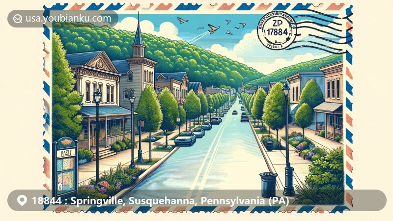 Modern illustration of Springville, Pennsylvania, in Susquehanna County, showcasing local outdoor activities, serene ambiance with tree-lined streets, and vintage postcard theme with ZIP code 18844.