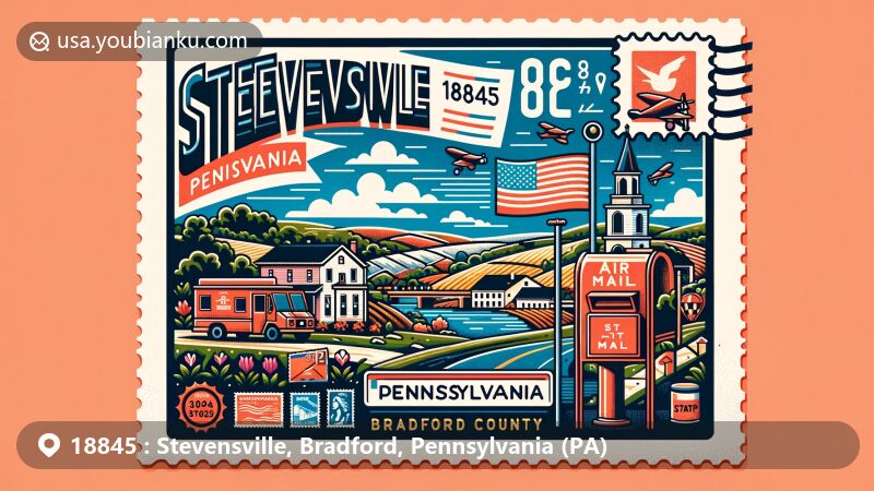 Modern illustration representing ZIP code 18845 for Stevensville, Bradford County, Pennsylvania, with postcard theme showcasing Pennsylvania state flag, rural landscapes, postal elements, and Bradford County outline.