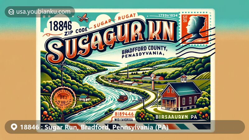 Modern illustration of Sugar Run, Bradford County, Pennsylvania, showcasing postal theme with ZIP code 18846, featuring Susquehanna River and Bradford County outline.