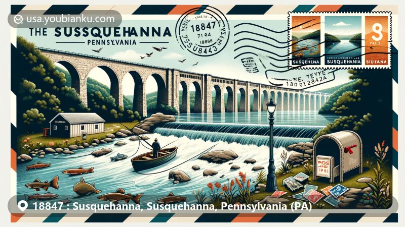 Modern illustration depicting Susquehanna, Pennsylvania, ZIP code 18847, showcasing the Susquehanna River, Starrucca Viaduct, and postal elements in a postcard design.