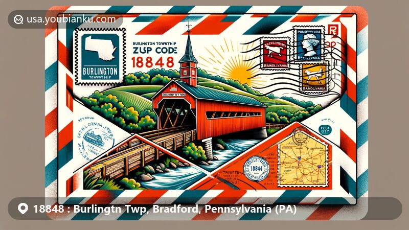 Modern illustration of Burlington Township, Bradford County, Pennsylvania, portraying ZIP code 18848 with a vintage air mail theme, featuring Luther's Mill Covered Bridge, local symbols, and Pennsylvania state map.