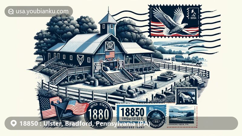 Modern illustration of Ulster, Bradford County, Pennsylvania, showcasing the scenic Barn at Windswept Farm with grand staircase and outdoor dance floor, featuring '18850' ZIP code and postal elements like postcard outline, stamps, and a postal mark.