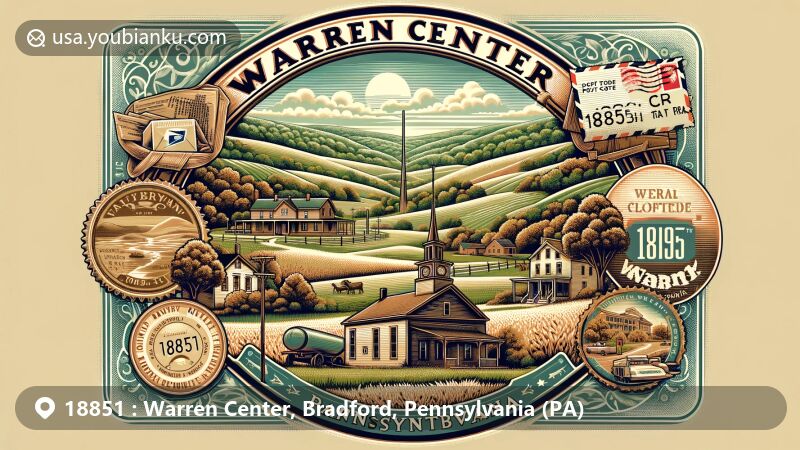 Modern illustration of Warren Center, Bradford County, Pennsylvania, showcasing postal theme with ZIP code 18851, featuring lush landscapes, rolling hills, and iconic post office. Includes vintage postage stamp, airmail envelope, postmark with '18851' and 'Warren Center, PA'.