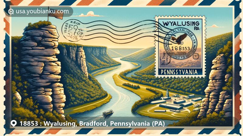 Modern illustration of Wyalusing Rocks, Wyalusing, Pennsylvania, with a postal theme showcasing ZIP code 18853, featuring a vintage stamp with the Pennsylvania state flag and a postal cancellation mark.