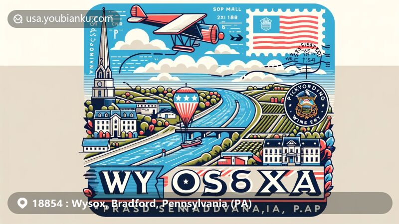 Modern illustration of Wysox, Bradford County, Pennsylvania, highlighting ZIP code 18854, featuring Susquehanna River, Pickering Winery, and postal theme with air mail envelope, postage stamp, postmark, and map outline of Bradford County.