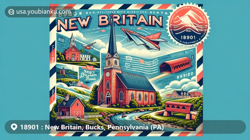 Modern illustration of New Britain, Pennsylvania, featuring postal theme with ZIP code 18901, highlighting New Britain Baptist Church, Covered Bridge Park, and local landmarks.