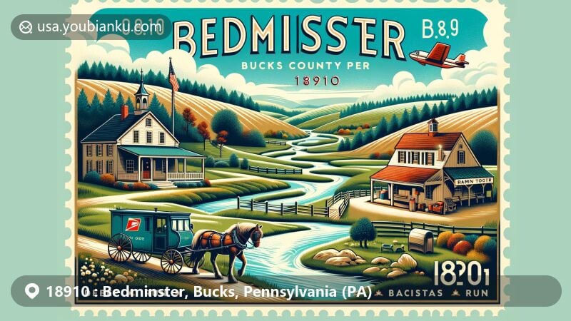 Modern illustration of Bedminster, Bucks County, Pennsylvania, with scenic landscape featuring Deep Run, Mink Run, Deer Run, and Cabin Run, vintage post office, mail coach, and modern postal elements, emphasizing ZIP code 18910.