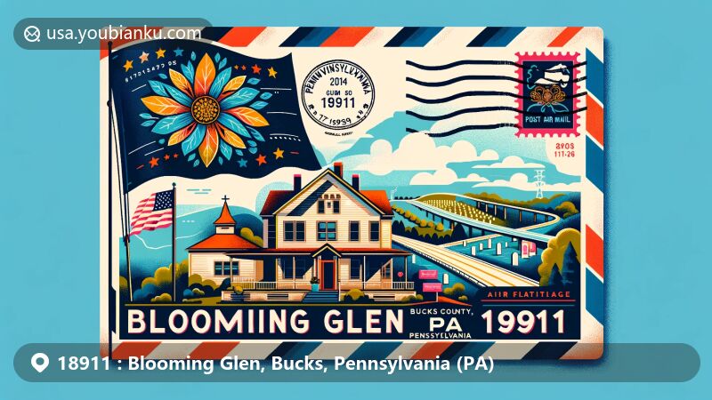Modern illustration of Blooming Glen, Bucks County, Pennsylvania, inspired by a postcard theme with postal elements like airmail border, stamps, and postmark, featuring the Pennsylvania state flag and Bucks County silhouette.