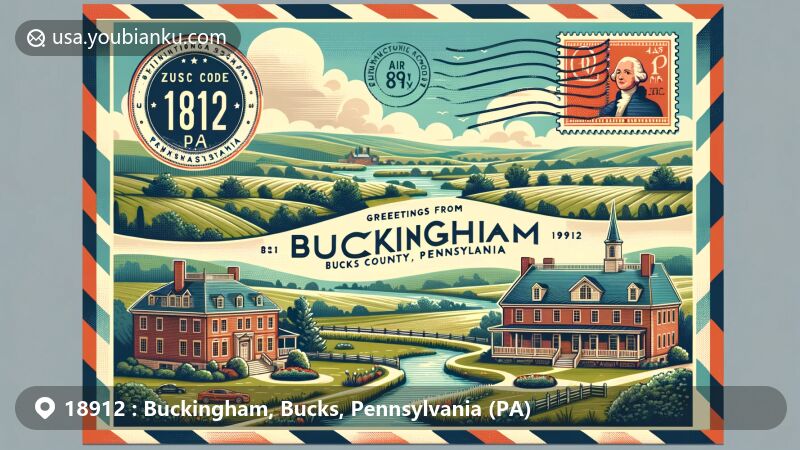 Modern illustration of Buckingham, Bucks County, Pennsylvania, in a wide format, featuring vintage postcard theme showcasing the lush landscape, Buckingham Mountain, and historical elements like colonial mansion or Washington Crossing Historic Park.
