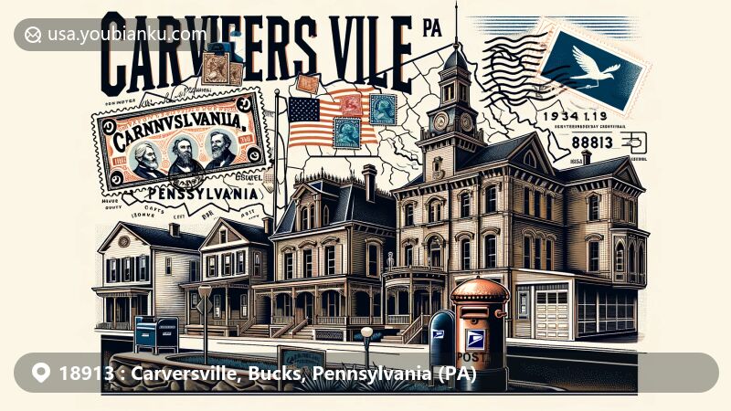 Modern illustration of Carversville, Bucks County, Pennsylvania, featuring historic buildings, Pennsylvania state flag, and Bucks County outline, with postal elements like postcard, stamps, postmark, and mailbox, labeled '18913' and 'Carversville, PA'.