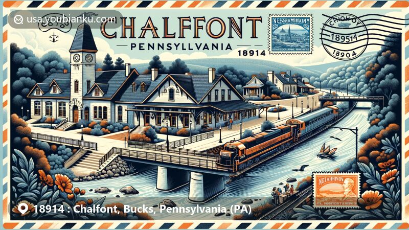 Modern illustration of Chalfont, Pennsylvania, focusing on historical and geographic landmarks including Chalfont train station, Colonial Revival buildings by A. Oscar Martin, and Neshaminy Creek, featuring postal elements like stamps, postmark, and ZIP code 18914.