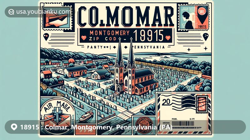 Modern illustration of Colmar, Montgomery County, Pennsylvania, highlighting ZIP code 18915 with local landmarks like Montgomery Baptist Church Cemetery and postal elements, conveying community spirit and suburban characteristics.