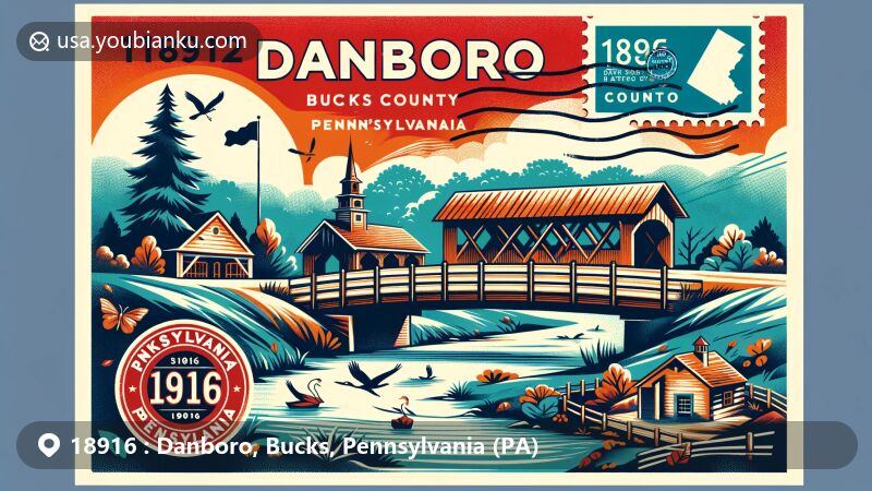 Modern illustration of Danboro, Bucks County, Pennsylvania, capturing the essence of ZIP code 18916 with picturesque landscapes, covered bridges, and wildlife sanctuaries, embodying the county's landmarks.