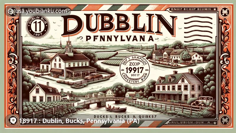 Modern illustration of Dublin, Bucks, Pennsylvania, featuring postal theme with ZIP code 18917, showcasing town landmarks, historical aspects, and agricultural surroundings with a subtle nod to English and Scotch-Irish influences.