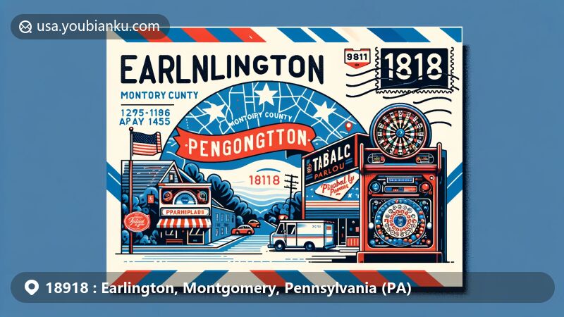 Modern illustration of Earlington, Montgomery County, Pennsylvania, featuring iconic elements like the state flag, a map of the county, and the Pinball Parlour. Includes references to the Eastern Time Zone, area codes 215, 267, and 445, postal stamp, postmark with ZIP code 18918, and mail symbols.