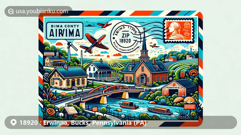 Modern illustration of Erwinna, Bucks County, Pennsylvania, depicting landmarks like Erwin Stover House, Tinicum Park, and Frankenfield Covered Bridge with airmail theme and ZIP code 18920.