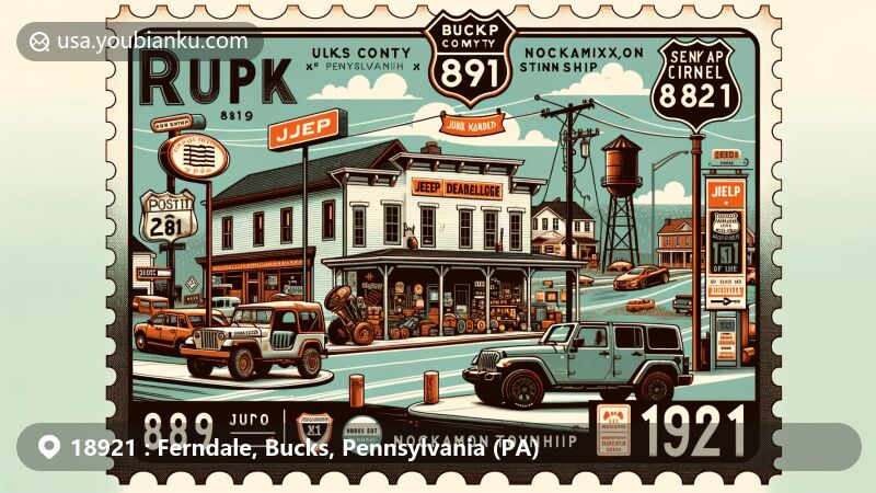 Modern illustration of Ferndale, Bucks County, Pennsylvania, capturing the essence of ZIP Code 18921 with a blend of historical and contemporary elements, including a jeep dealership, junkyard, distillery references, and postal motifs.