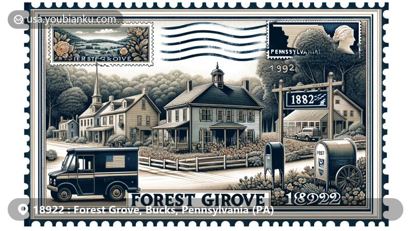 Modern illustration of Forest Grove, Bucks County, Pennsylvania, displaying postal theme with ZIP code 18922, showcasing rural charm and historic village scene with Pennsylvania state flag.