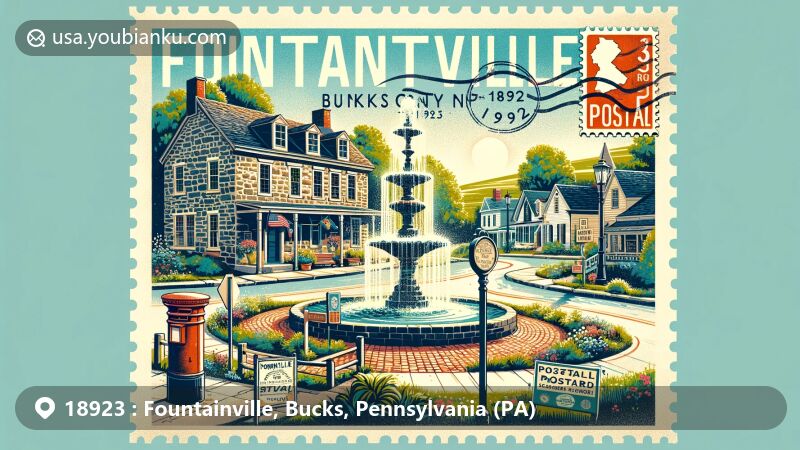 Artistic depiction of Fountainville, Bucks County, Pennsylvania, showcasing postal elements with vintage postcard design and ZIP Code 18923, featuring local post office and charming village essence.