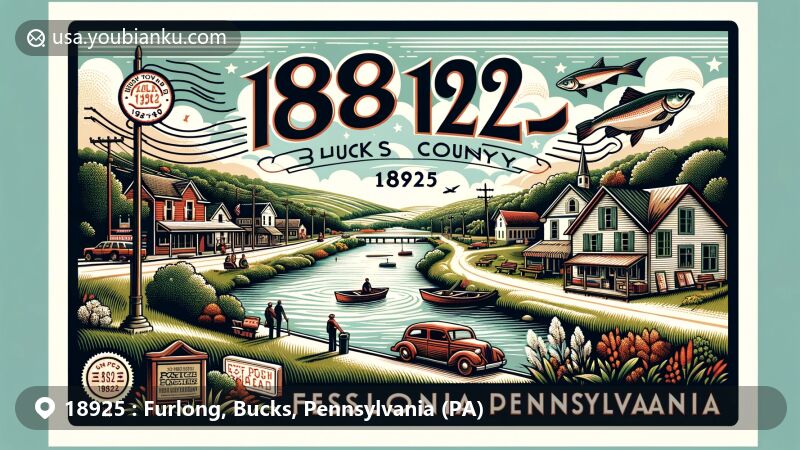 Modern illustration of Furlong, Bucks County, Pennsylvania, featuring ZIP code 18925 and local elements blending with postal motifs like a vintage stamp and post office sign.