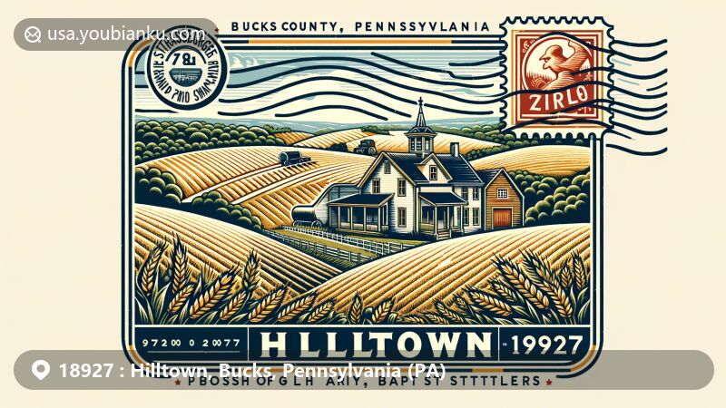 Modern illustration of Hilltown, Bucks County, Pennsylvania, highlighting historical and rural character, featuring Strassburger Homestead, agricultural landscape, and postal theme with ZIP code 18927.