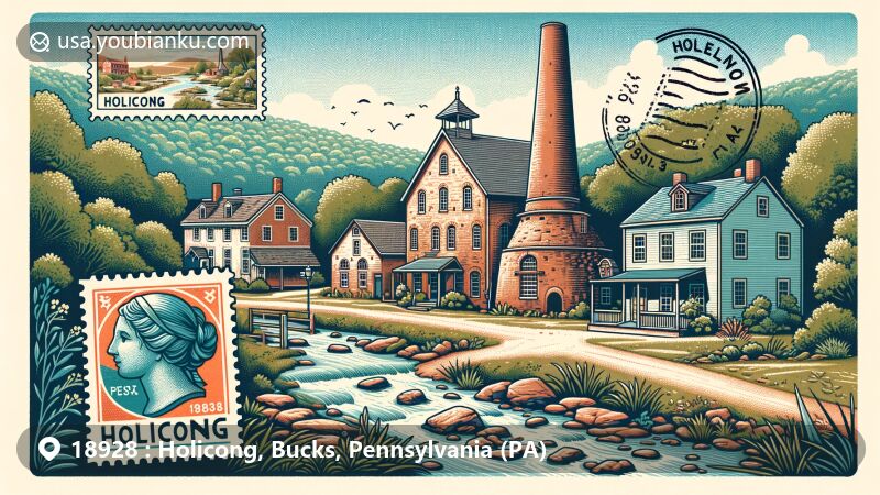 Modern illustration of Holicong Village Historic District in Holicong, Pennsylvania, featuring 18th and 19th-century buildings, limekiln, Longland estate, and postal stamp with postmark '18928 Holicong, PA'.