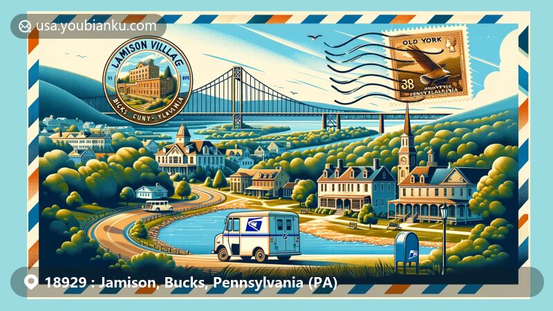 Modern illustration of Jamison Village, Bucks County, Pennsylvania, blending natural scenery with postal elements, featuring airmail envelope, local landscapes, and emblematic buildings of Old York Road.