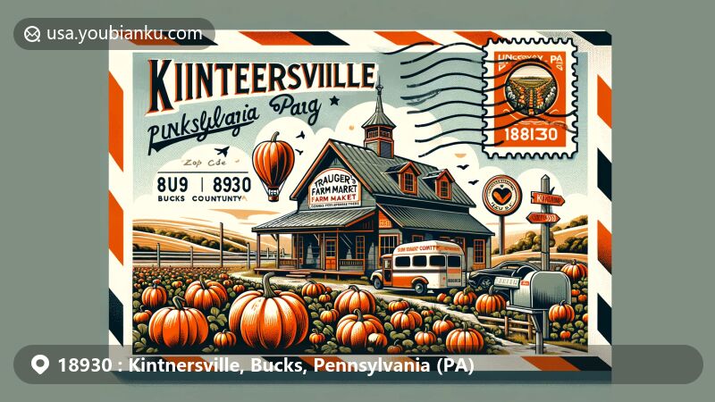 Modern illustration of Kintnersville, Bucks County, Pennsylvania, highlighting Trauger's Farm Market with pumpkins, embodying the local community's essence. Features Bucks County's scenic countryside and the Delaware River, showcasing natural beauty. Styled as a postcard with a Pennsylvania state flag stamp, 'Kintnersville, PA 18930' postal mark, and a vintage mailbox.