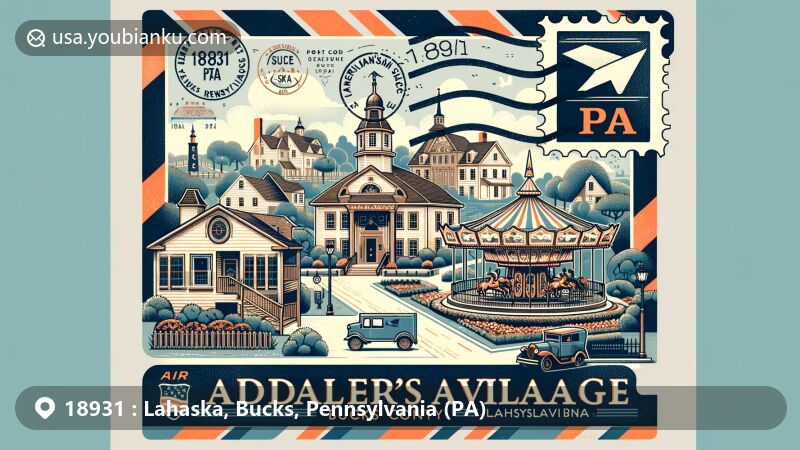 Modern illustration of Lahaska, Bucks County, Pennsylvania, featuring iconic Peddler's Village with colonial buildings, award-winning gardens, and a 1920s carousel, set on an airmail envelope-shaped postcard.