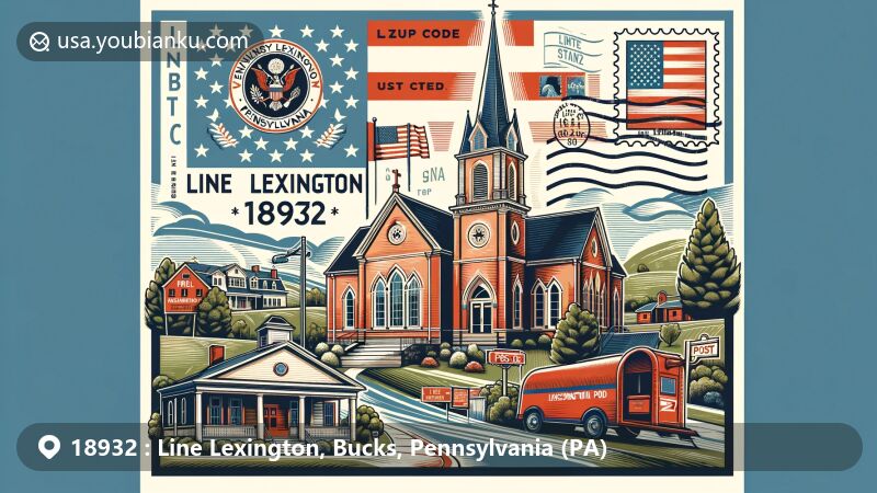 Modern illustration of Line Lexington, Bucks County, PA, showcasing postal theme with ZIP code 18932, featuring Line Lexington Mennonite Church, Line Lexington Post Office, and Pennsylvania state flag.