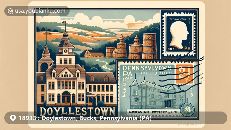 Modern illustration of Doylestown, Pennsylvania, featuring iconic landmarks Font Hill Castle, Mercer Museum, and Moravian Pottery and Tile Works, blended with local culture and postal theme.