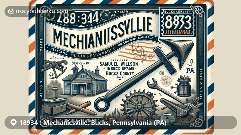 Modern illustration of Mechanicsville, Bucks County, Pennsylvania, with ZIP code 18934, featuring vintage air mail envelope adorned with symbols of early artisans like the blacksmith, shoemaker, and carpenter, set against a backdrop of Buckingham Township and Bucks County map.
