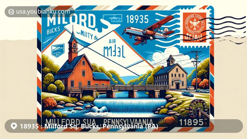 Modern illustration of Milford Square, Bucks County, Pennsylvania, highlighting ZIP code 18935, Unami Creek, Achey's Mill, and Campbell's Bridge, featuring a stylized airmail envelope showcasing the area's postal theme.