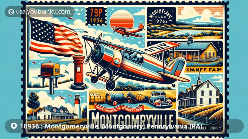Modern illustration of Montgomeryville, Pennsylvania, showcasing postal theme with ZIP code 18936, featuring Montgomery Township Spray Park, Knapp Farm, and Pennsylvania state symbols.