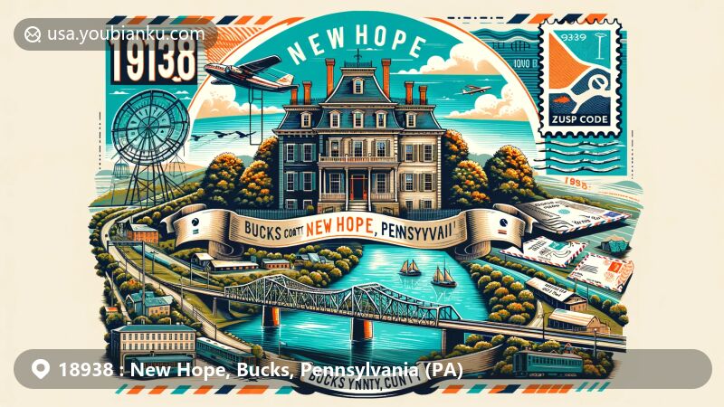 Modern illustration of New Hope, Bucks County, Pennsylvania, highlighting regional landmarks like Parry Mansion and New Hope-Lambertville Bridge, integrating postal elements such as vintage postcard design and ZIP code 18938.