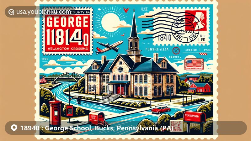 Modern illustration of George School, Bucks County, Pennsylvania, with Quaker-style school building, Delaware River, and postal elements like vintage postcard layout and red mailbox.