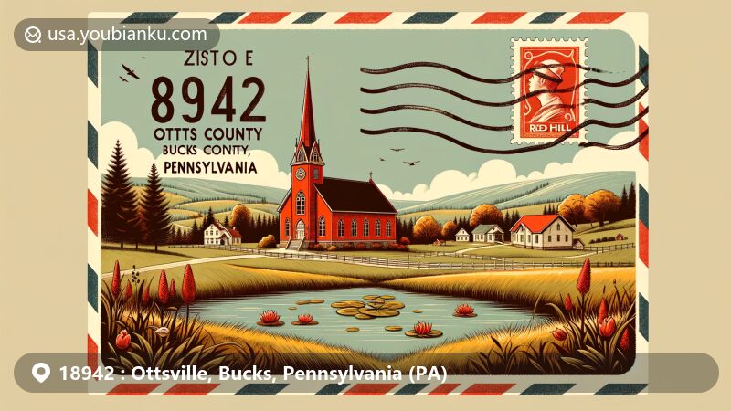 Modern illustration of Ottsville, Bucks County, Pennsylvania, featuring vintage postcard design with Red Hill Church and School, postal theme including ZIP code 18942, and scenic rural beauty.