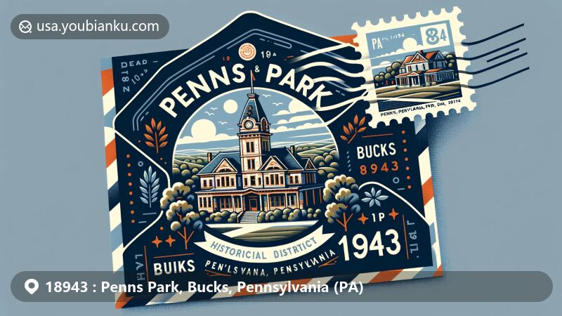 Modern illustration of Penns Park, Bucks County, Pennsylvania, showcasing historical district building on a stamp inside airmail envelope with postmark '18943' and 'Penns Park, PA', reflecting regional and postal theme.