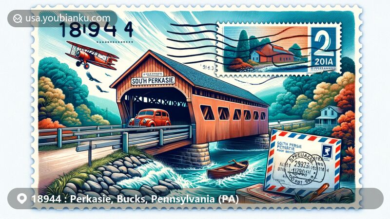 Modern illustration of Perkasie, Pennsylvania, celebrating ZIP code 18944, featuring South Perkasie Covered Bridge, vintage postage stamp, airmail envelope, and postal marks, blending historical charm with postal heritage in vibrant colors.