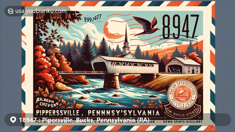 Modern illustration of Pipersville area in Bucks County, Pennsylvania, showcasing key landmarks like Ralph Stover State Park, Cabin Run Covered Bridge, and Hewn Spirits distillery, with elements of Pennsylvania state flag and postal motifs.