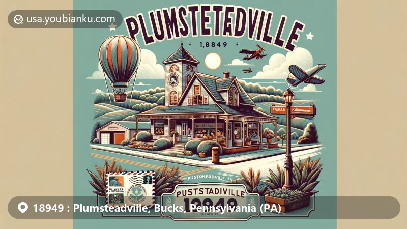Modern illustration of Plumsteadville, PA, featuring ZIP code 18949, highlighting Malmark Bellcraftsmen and postal heritage, with vintage air mail elements and township seal.